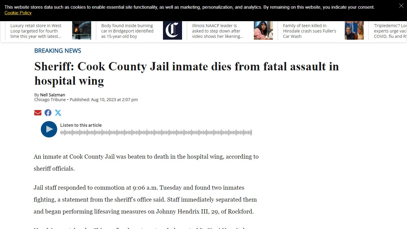 Sheriff: Cook County Jail inmate dies from fatal assault in hospital wing